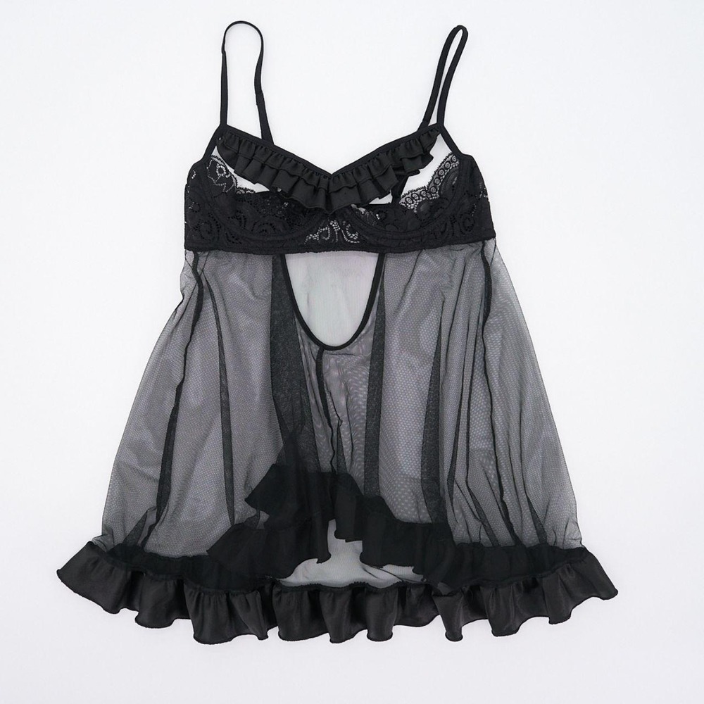 Black Shirley of Hollywood babydoll has sheer mesh
